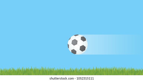 Soccer ball flying over grass after shot. Flat football background. Vector illustration EPS-8.