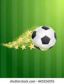 soccer ball flying over green football field with golden stars trail. vector