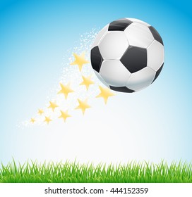 soccer ball flying over sky with stars trail and green grass background. vector illustration