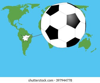 soccer ball flying over the world map