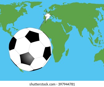 soccer ball flying over the world map