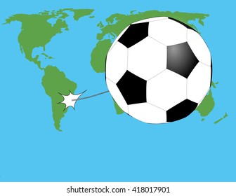 soccer ball flying over the world map