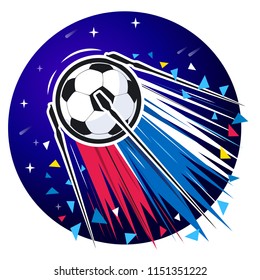 Soccer ball flying in space like a satellite. Color vector illustration