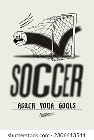 Soccer ball flying through the gate. Funny football ball with smiling face ripping the net of the gate vintage typography silkscreen t-shirt print vector illustration.