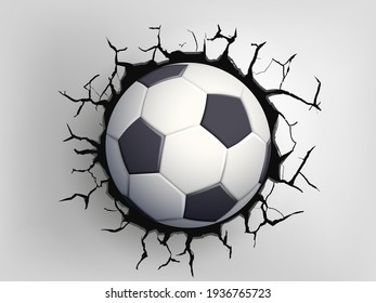 Soccer ball flying through the wall with cracks. Vector illustration