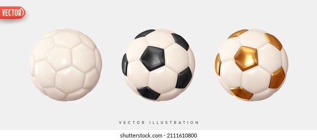 Balón de fútbol. Balas de fútbol Establece un estilo de diseño 3d realista. Textura de cuero de color dorado y blanco negro. Rebelión de elementos deportivos aislados en un fondo blanco. ilustración vectorial