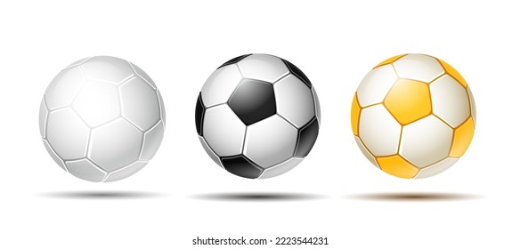 Soccer ball. Football balls Set. Golden, white and black color. Mockup of sports elements. vector illustration isolated on white background.