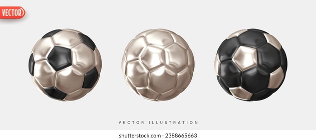 Soccer ball. Football balls Set realistic 3d design style. Leather texture silver and black color. Mockup of sports elements isolated on white background. vector illustration