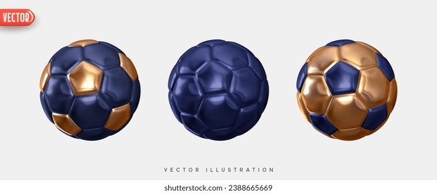 Balón de fútbol. Balas de fútbol Establece un estilo de diseño 3d realista. El color azul de la textura de cuero eléctrico y dorado. Rebelión de elementos deportivos aislados en un fondo blanco. ilustración vectorial