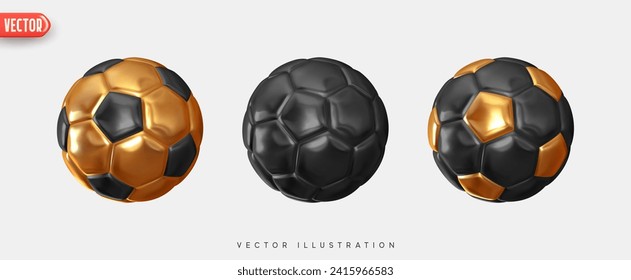 Balón de fútbol. Balas de fútbol Establece un estilo de diseño 3d realista. Textura de cuero de color dorado y negro. Rebelión de elementos deportivos aislados en un fondo blanco. ilustración vectorial