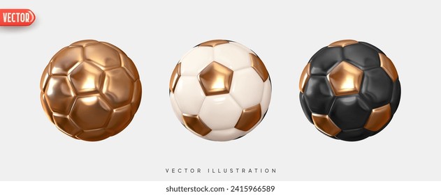 Soccer ball. Football balls Set realistic 3d design style. Leather texture golden and white color. Mockup of sports elements isolated on white background. vector illustration