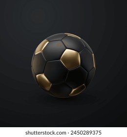 Soccer ball. Football ball in black and golden colors. 3d vector illustration of a sport element sign.