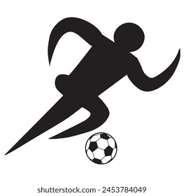 Soccer ball or football flat vector icon simple, male professional soccer player with ball in motion, action isolated on white background. Attack, defense, fight, kick. Man in black football