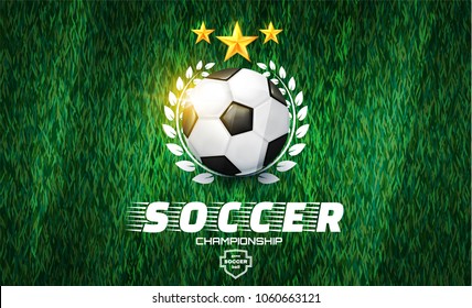 Soccer Ball. Football Game Label on Green Grass Field with Line Texture. Vector illustration