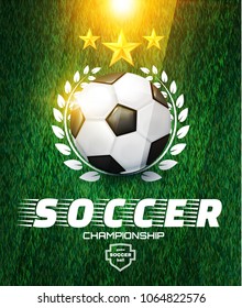 Soccer Ball. Football Game Label on Green Grass Field with Line Texture. Vector illustration