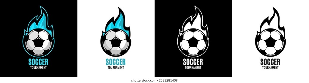 Soccer ball or football ball on fire background. Team or tournament colorful symbol or emblem on black background. Design in a graphic art style, Vector illustration