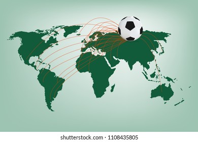 soccer ball or football on green world map with orange line connect to many countries