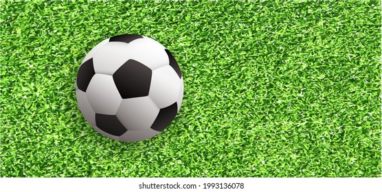 Soccer ball or football on green grass field. Vector background banner.