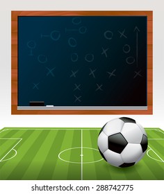 A soccer ball football on a green soccer field with a play drawn on a black chalkboard. Vector EPS 10 available. EPS file contains transparencies and gradient mesh.