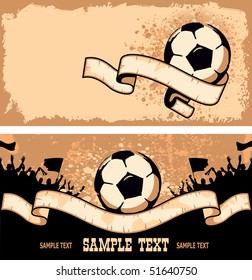 Soccer ball (football) on grunge background with silhouettes of fans, paint splatters and drips