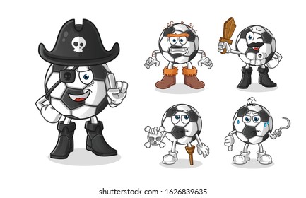soccer ball. football ball pirate 5 styles cartoon.  including eye patches, wooden swords, skulls and hooks. cartoon mascot vector