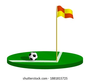 soccer ball with fottball coner flag on pole on green field. Soccer field borders marked with flag. Active lifestyle. Isometric vector isolated on white background