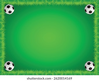 Fußball-Rahmen Schablone Design. Fußballrahmen oder -rahmen. Fußbälle auf schönem grünem Grasrahmen.