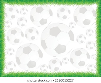Soccer ball frame template design. Soccer frame or border. Soccer balls on beautiful green grass frame.