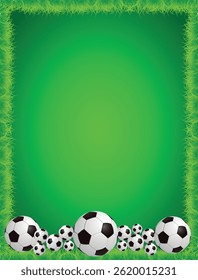 Soccer ball frame template design. Soccer frame or border. Soccer balls on beautiful green grass frame.