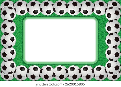 Diseño de Plantilla de marco de balón de fútbol. Marco de fútbol o borde. Pelotas de fútbol en el marco de hierba verde hermoso.