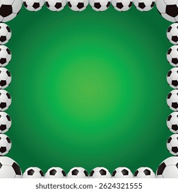 Soccer ball frame template design. Soccer frame or border. Soccer balls on beautiful green grass frame.