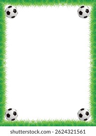 Modelo de moldura de bola de futebol. Quadro de futebol ou borda. Bolas de futebol em bela moldura de grama verde.