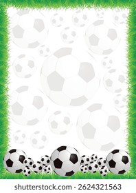 Modelo de moldura de bola de futebol. Quadro de futebol ou borda. Bolas de futebol em bela moldura de grama verde.