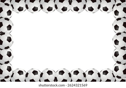 Modelo de moldura de bola de futebol. Quadro de futebol ou borda. Bolas de futebol em bela moldura de grama verde.