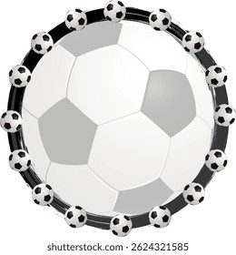 Modelo de moldura de bola de futebol. Quadro de futebol ou borda. Bolas de futebol em bela moldura de grama verde.