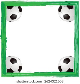 Soccer ball frame template design. Soccer frame or border. Soccer balls on beautiful green grass frame.
