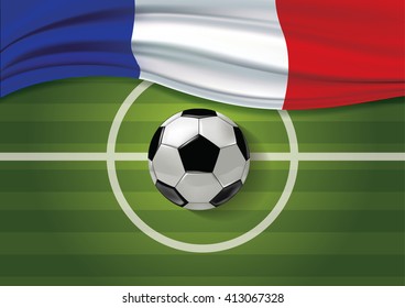 A soccer ball and a France flag on a top view of green stripped soccer filed. Vector, illustrator