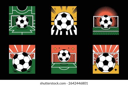 Bola de futebol na frente de um gol com vários projetos gráficos