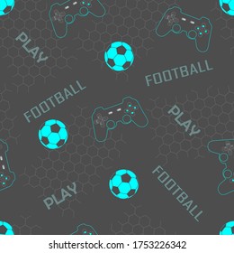 Soccer ball with game joystick blue color on gray background. Abstract seamless football pattern.