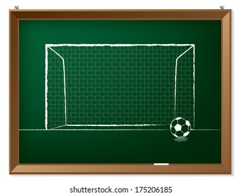 Soccer ball with gate drawn on green chalkboard