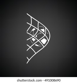 Soccer ball in gate net icon. Black background with white. Vector illustration.