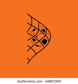 Soccer ball in gate net icon. Orange background with black. Vector illustration.