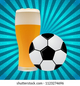 Soccer ball and glass of beer on a bright blue background with rays of light. Football fan concept. Sport bar banner. Easy to edit template for your design projects.