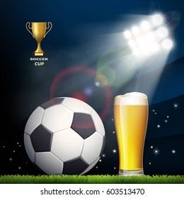 Soccer ball and a glass of beer in the stadium. Stock vector illustration.