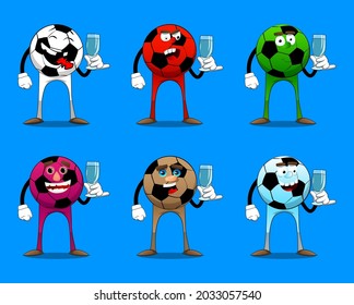 Soccer ball with a glass of water. Traditional football ball as a cartoon character with face.