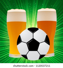 Soccer ball and glasses of beer on a bright green background with rays of light. Football concept. Sport bar banner. Easy to edit template for your design projects.