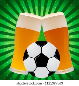 Soccer ball and сlinking glasses of beer on a bright green background  with radial lines. Football concept. Sport bar banner. Easy to edit vector design  template for your design projects.