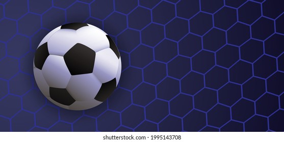 Soccer Ball in the Goal. Blue ball and background. Football Vector background banner. wk, ek play model. Sport finale or school, sports game. Street ball games. 2020, 2021, 2022.
