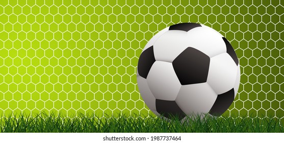 Soccer ball in goal. Soccer ball or football net. Green football grass field. Beehive raster. Honeycomb cells hexagon pattern. wk, ek sport supporters 2021, 2022 Qatar