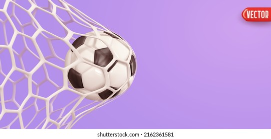 Soccer ball in the goal grid. Realistic 3d cartoon style design. Creative concept idea of Championship football season. Lilac purple Background with Soccerball isolated object. vector illustration.